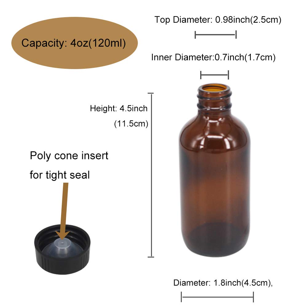 BPFY 12 Pack 4 oz Amber Boston Glass Bottle with Black Cap, Funnel, Labels for Homemade Vanilla Extract, Essential Oils, Wedding