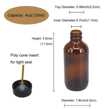 BPFY 12 Pack 4 oz Amber Boston Glass Bottle with Black Cap, Funnel, Labels for Homemade Vanilla Extract, Essential Oils, Wedding