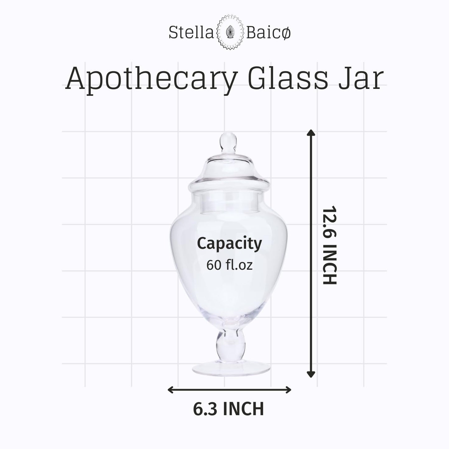 Large Glass Apothecary Jars with Lid, Glass Candy Jar for Candy Buffet, Elegant Decorative Glass Jars for Wedding, Display and Party, Clear Candy Canisters (Height: 12.6", Diameter: 6.3")