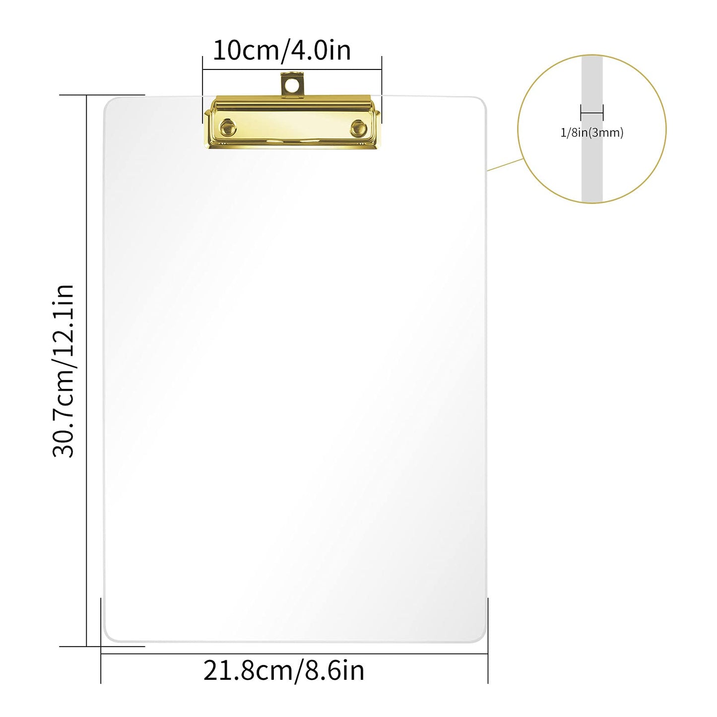 Moocci Thick Acrylic Clear Clipboards Cute Transparent Bulk Gold Clipboard with Strong Clip and Hidden Hanging Hole for A4 Paper, Art Student, Drawing, Office, School, Warehouse, Classroom, 9PC