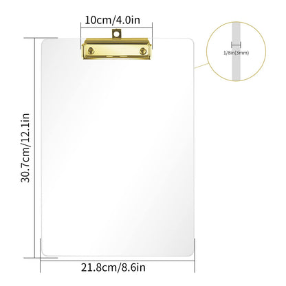 Moocci Thick Acrylic Clear Clipboards Cute Transparent Bulk Gold Clipboard with Strong Clip and Hidden Hanging Hole for A4 Paper, Art Student, Drawing, Office, School, Warehouse, Classroom, 9PC