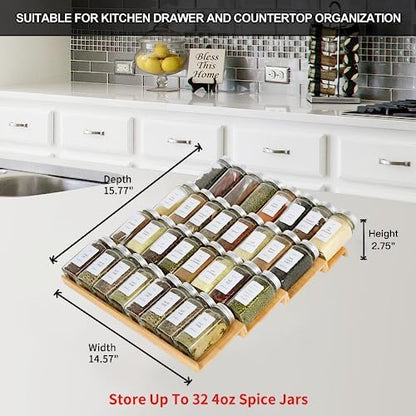 Spice Drawer Organizer with 24 Spice Jars and 216 Labels,Non-slip Rubber, Bamboo 4 Tier Spice Racks Tray Seasoning Containers for Kitchen Drawers,Cabinets,Countertops,13" Wide * 15.8" Deep