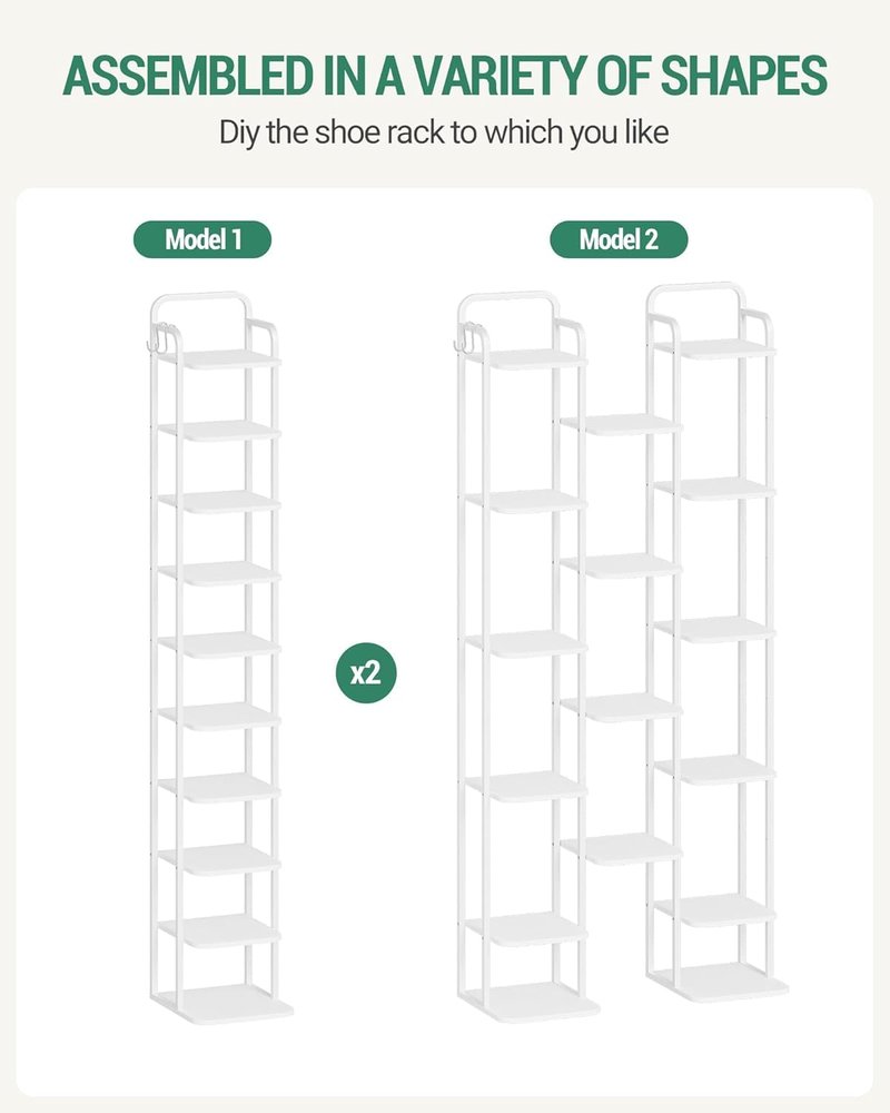 Hzuaneri 10 Tiers Vertical Shoe Rack, Narrow Shoe Tower, Tall Shoes Shelf with 2 Hooks, Adjustable Shelves, Corner Shoes Shelves for Small Spaces, Entryway, Living Room, White SR11213W