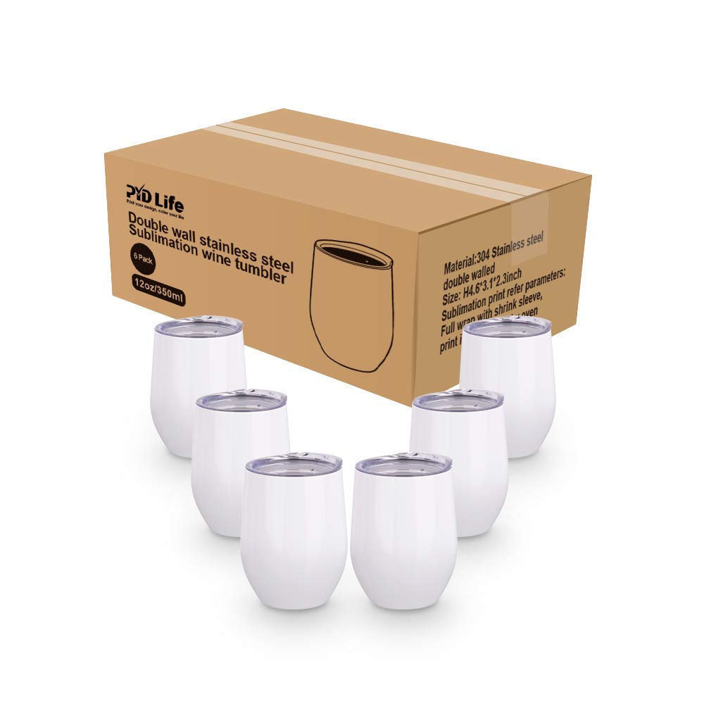 PYD Life Sublimation Blanks Wine Tumbler Cups White 12 OZ Stainless Steel Insulated Stemless Mugs with Lid 6 Pack