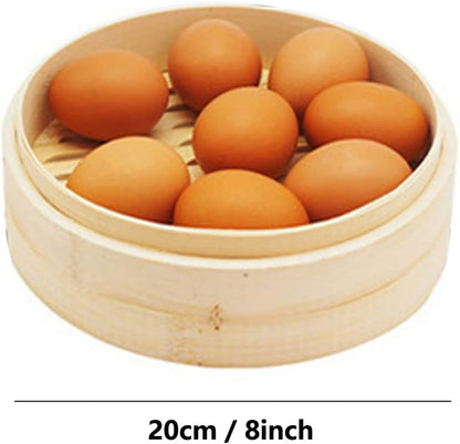 Handmade 8 Inch Bamboo Steamer Basket with Reusable Cotton Liners, 2 Tier Traditional Dumpling Food Steamer