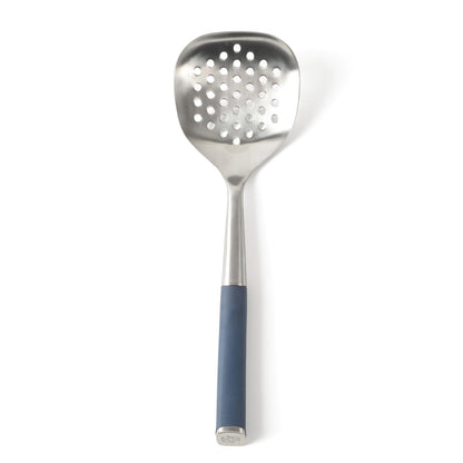 Calphalon Edge Stainless Steel Slotted Spoon/Skimmer, Kitchen Strainer Spoon, Skimmer with Silicone Heat Resistance Handle, Slotted Cooking Tool for Draining and Skimming (Blue)