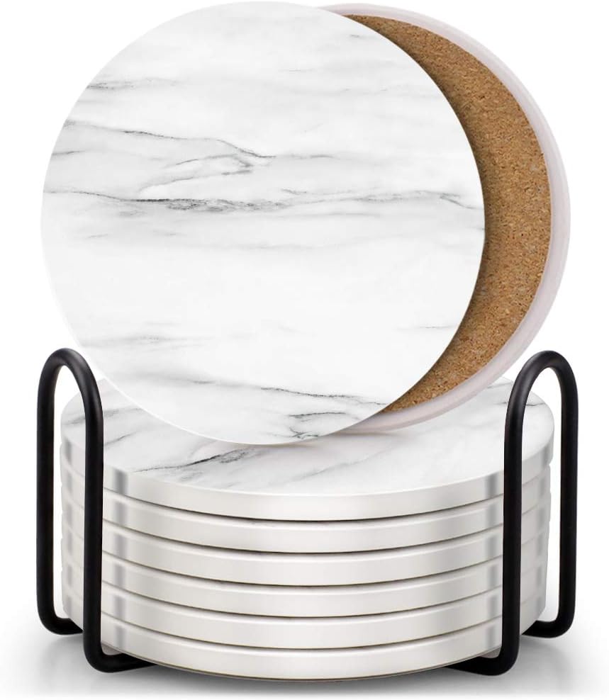 EAGMAK Set of 8 Absorbent Marble Style Ceramic Coasters with Holder for Drinks, Home Decor (White)
