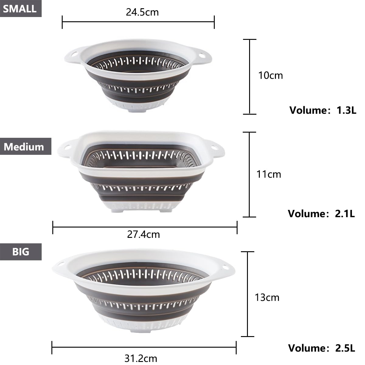 Collapsible Colander and Strainer,Silicone Strainer Colanders & Food Strainers,for Vegetable and Fruit, Kitchen Essentials (2, White, 1.3L+2.5L)