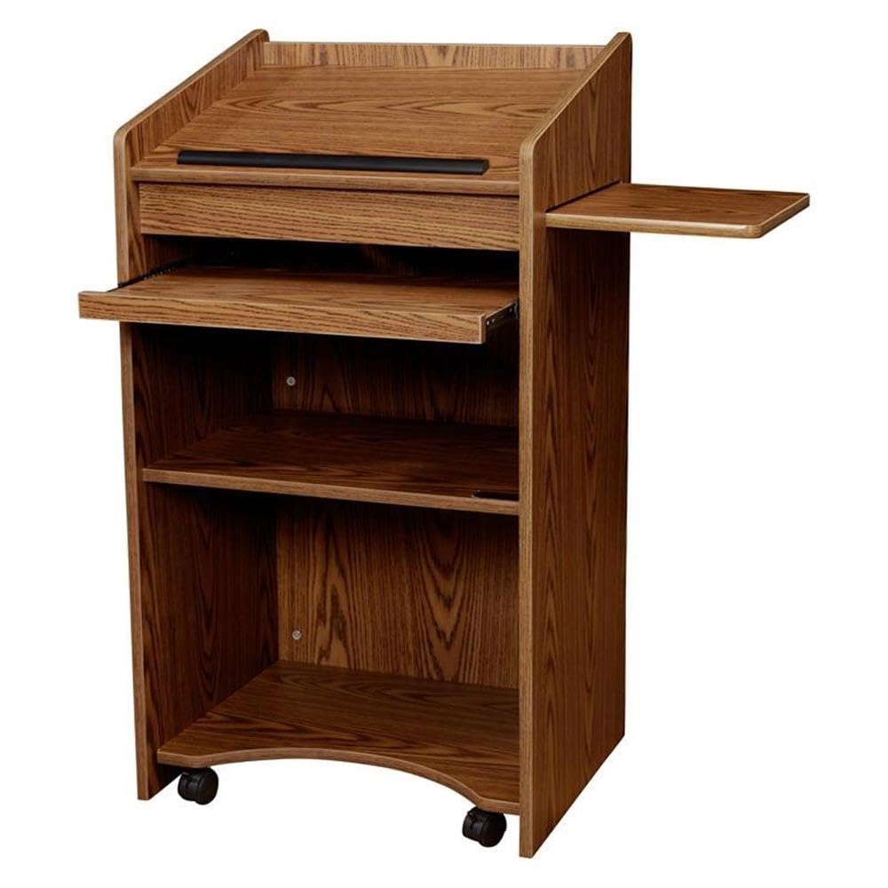 Pemberly Row Aristocrat Modern Wood Lectern, Non-Sound Podium with Slide-Out A/V Shelf & Storage, Medium Oak