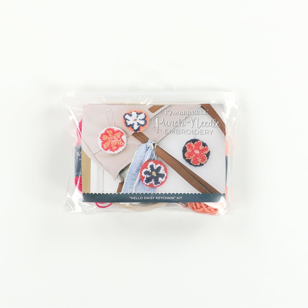 Kimberbell Hello Daisy Punch Needle Embroidery Kit – DIY Keychain Craft Kit for Beginners & Crafters – Includes Yarn, Monk’s Cloth, Tools, Buttons & Hoop – Makes 4 Keychains