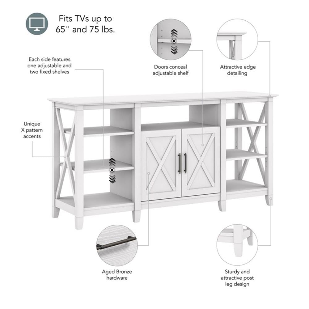 Bush Home Key West Tall TV Stand for 65 Inch TV in Pure White Oak, Farmhouse Entertainment Center with Storage