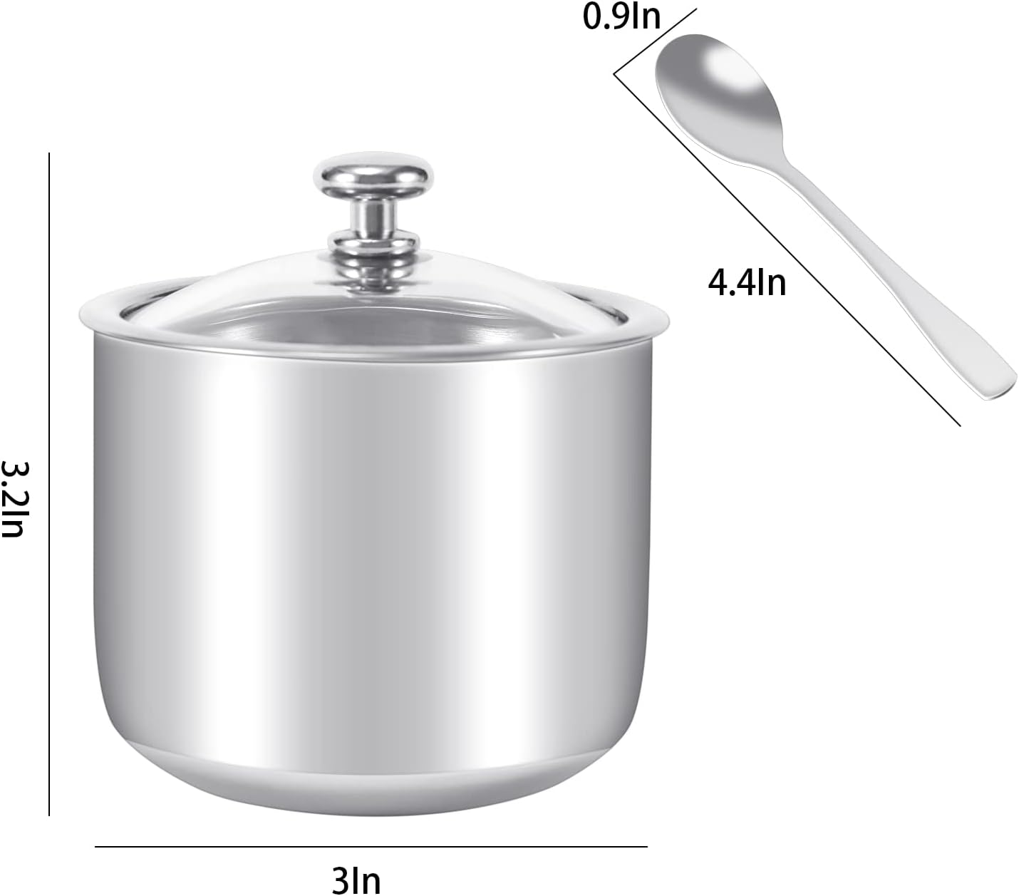 Stainless Steel Sugar Bowl with Clear Lid and Spoon, Polished Shiny Condiment Pot for Serving Sugar, Pepper, Salt,