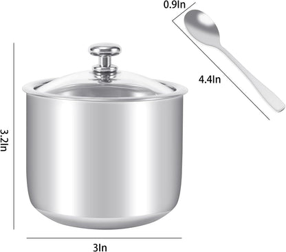 Stainless Steel Sugar Bowl with Clear Lid and Spoon, Polished Shiny Condiment Pot for Serving Sugar, Pepper, Salt,