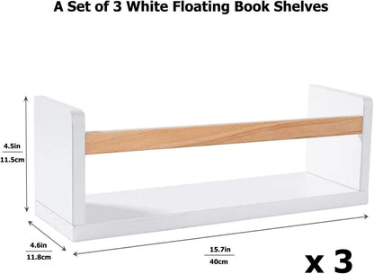 16 Inch Set 3, AZSKY Nursery Floating Shelves of White Wood Kids Wall Bookshelves & Book Organizer Ledge for Baby Room