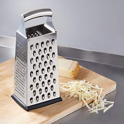 Amazon Basics Rectangular 4-Sided Box Cheese Grater, Stainless Steel, Zester, Non-Slip Base, Dishwasher-Safe, 9 inch, Black