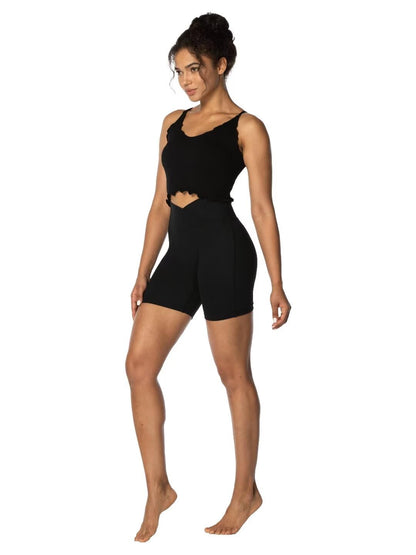 Sunzel Sunzfly Crossover Biker Shorts for Women, V Criss Cross High Waist Yoga Workout Gym Shorts with Tummy Control 6" Inseam Black Large