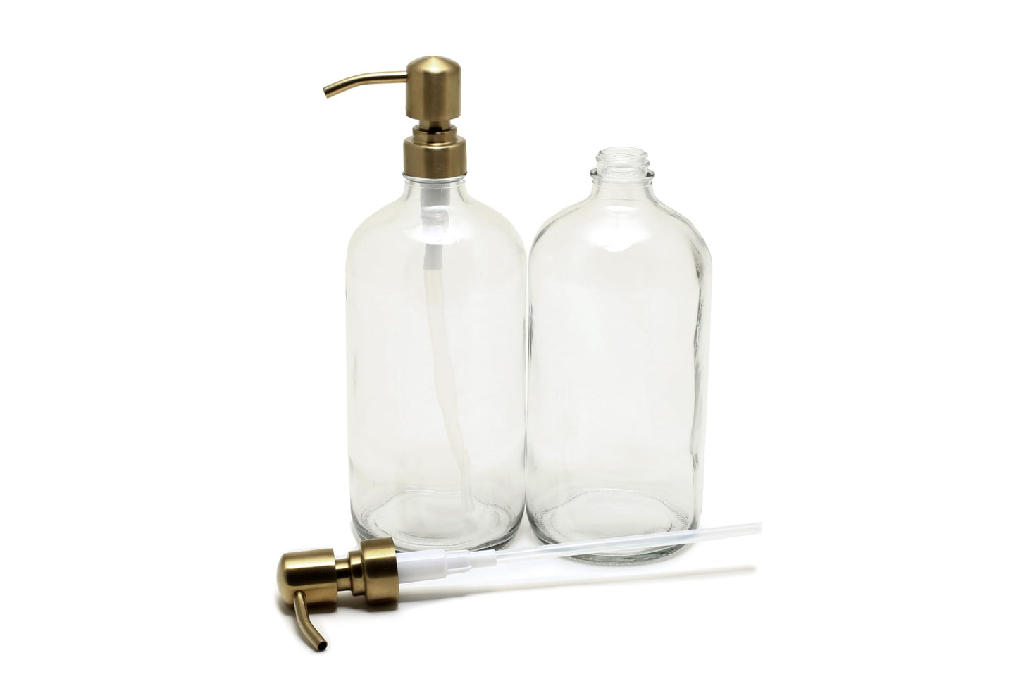 Vivaplex, 2, Large, 32 oz, Empty, Clear Glass Bottles with Stainless Steel, Yellow Gold, Lotion Pumps