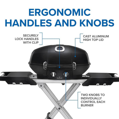 Napoleon TravelQ PRO285X Portable Propane Gas Grill with Foldable Scissor Cart, Black, 2 Burners, Tailgating, Camping, and Small Outdoor Spaces