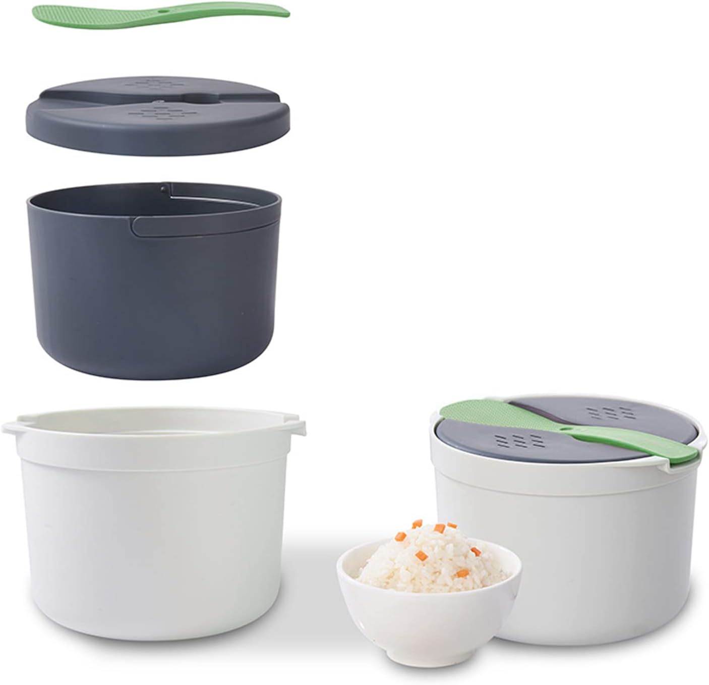 Microwave Rice Cooker Set, 2L Food Grade PP Material with Rice Spoon, Lid, Strainer, Steaming Pot (Green)