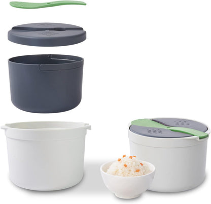 Microwave Rice Cooker Set, 2L Food Grade PP Material with Rice Spoon, Lid, Strainer, Steaming Pot (Green)