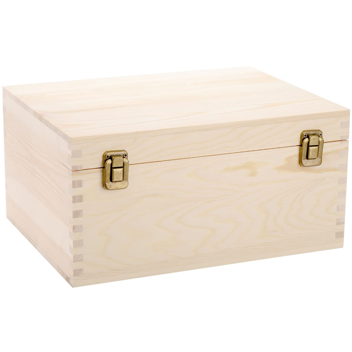 Frcctre Extral Large Unfinished Wooden Box, 13 x 10 x 6.5 inch Natural Unfinished Pine Wood Box with Hinged Lid and Front Clasp for DIY Craft Art Hobbies and Home Storage