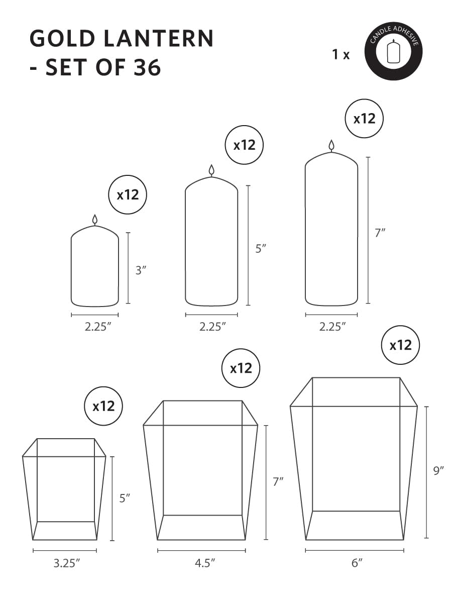 Yummi Set of 36 Slim Pillar Candles & Gold Luxus Lanterns - Blush