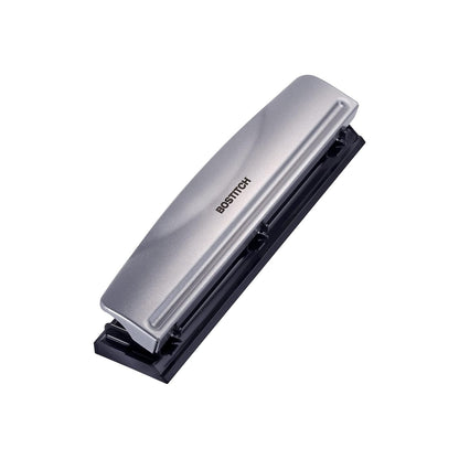 Bostitch Office Premium 3 Hole Punch, 12 Sheet Capacity, Metal, Rubber Base, Easy-Clean Tray, Silver