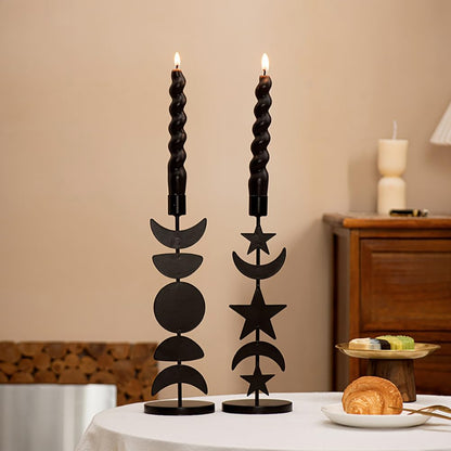 Iron Taper Candle Holder Matte Black Tall Star Moon Candlestick Holders Decorative Candle Stand Candlestick Holder for Wedding, Dining Table, Party Home Decoration (A)