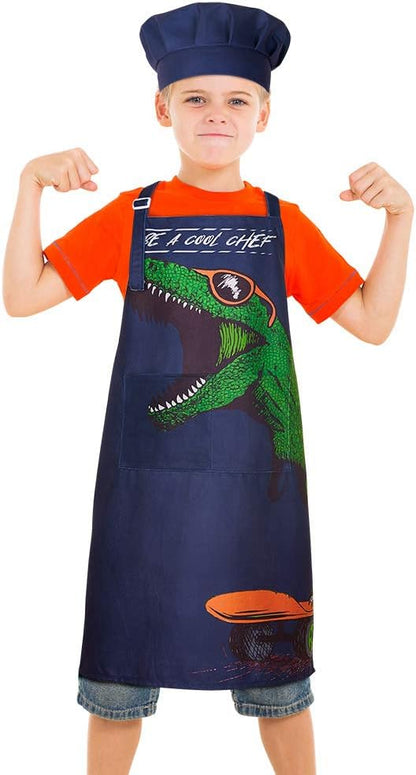 MHJY Kids Apron and Chef Hat for Boys, Adjustable Dinosaur Child Aprons with Pockets for Cooking Baking Painting 3-12