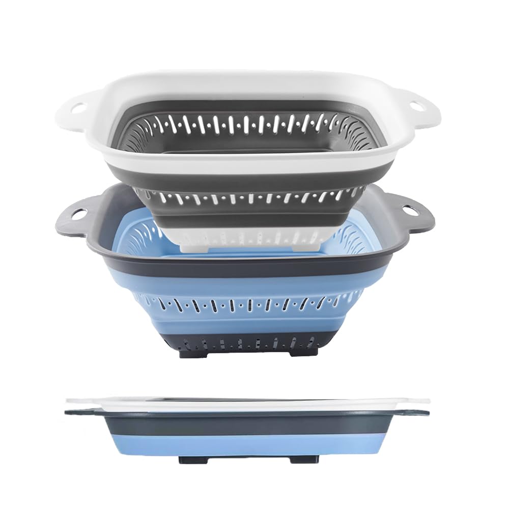 Collapsible Colander Set, Square Round Triangles Silicone Kitchen Strainer Perfect for Draining Pasta Vegetable fruit 2 PCS (10.8"L x 8.6"W x 2"H, Red & Green)