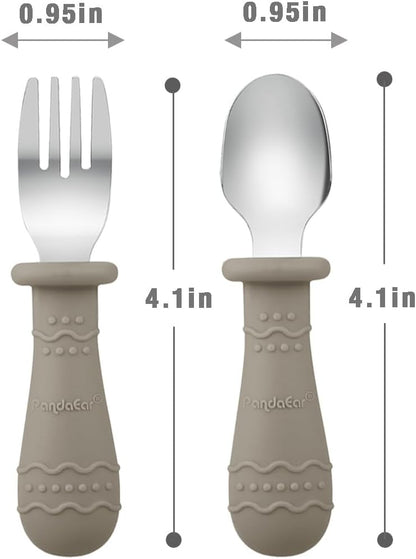 PandaEar Kids Utensils Set - 6 Pack Stainless Steel & Silicone Spoons and Forks | Dishwasher Safe (Blue/Brown/Red)