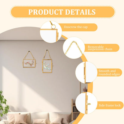 YOSINXU 4PCS Glass Frame for Pressed Flowers, 2x3 Inch Brass Hanging Photo Frame Double Glass-Frame with Chain for Pressed Flowers Leaf and Artwork with Ribbon
