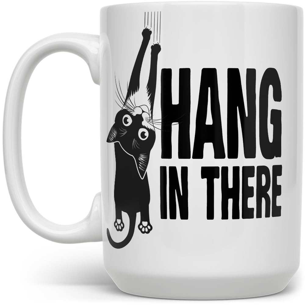 Hang in There Coffee Mug, Funny Motivational Cat Gift Cup for Friend, Coworker, Women, Men (15oz)