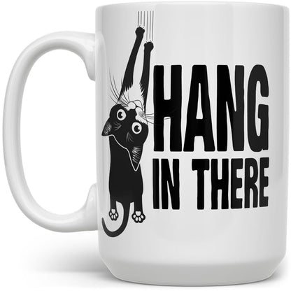 Hang in There Coffee Mug, Funny Motivational Cat Gift Cup for Friend, Coworker, Women, Men (15oz)