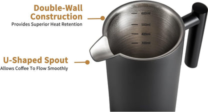 Miuly French Press Coffee Maker, 21Oz, Stainless Steel, 3 Level Filtration, Double Wall Insulated