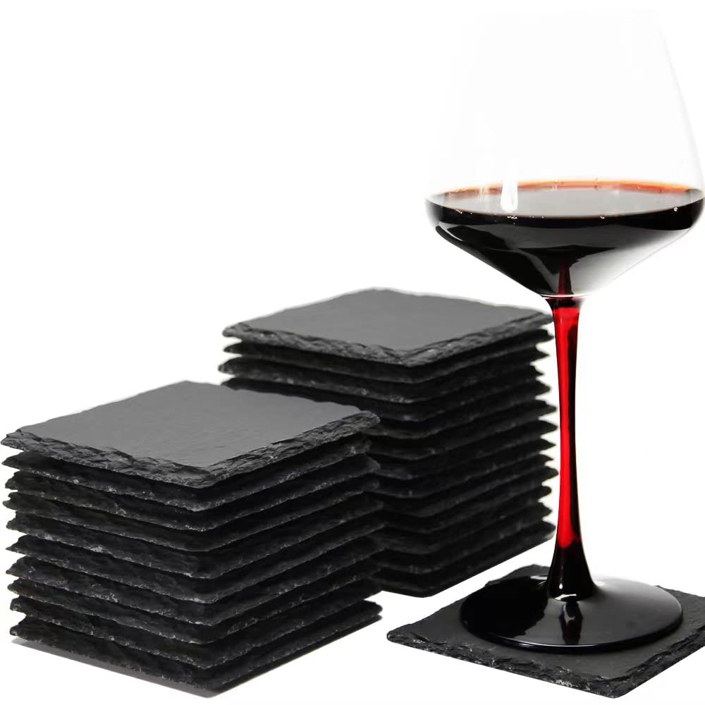 MONKEY SUN 24 Pack 4 x 4 Inch Gorgeous BlackSlate Stone Coasters Bulk Square Coaster forLaser Engraving,Painting,Drink Bar KitchenHome,DIY Handmade Natural Rough Edge,Set of 24