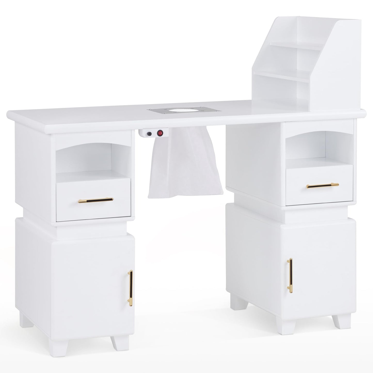 BarberPub Professional Nail Station Desk Manicure Table with Electric Dust Collector, Nail Makeup Desk with Shelves, Storage Beauty Salon Workstation with 4 Drawers Storage Cabinets VC258 (White)