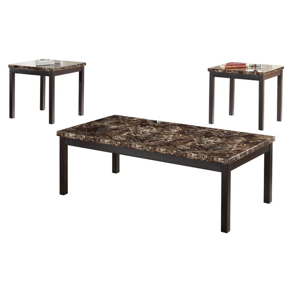 Lexicon Tempe 3-Piece Faux Marble Coffee Table Set, Brown Marble Look Top with Black Metal Frame, Modern Living Room Set with 1 Cocktail Table & 2 End Tables