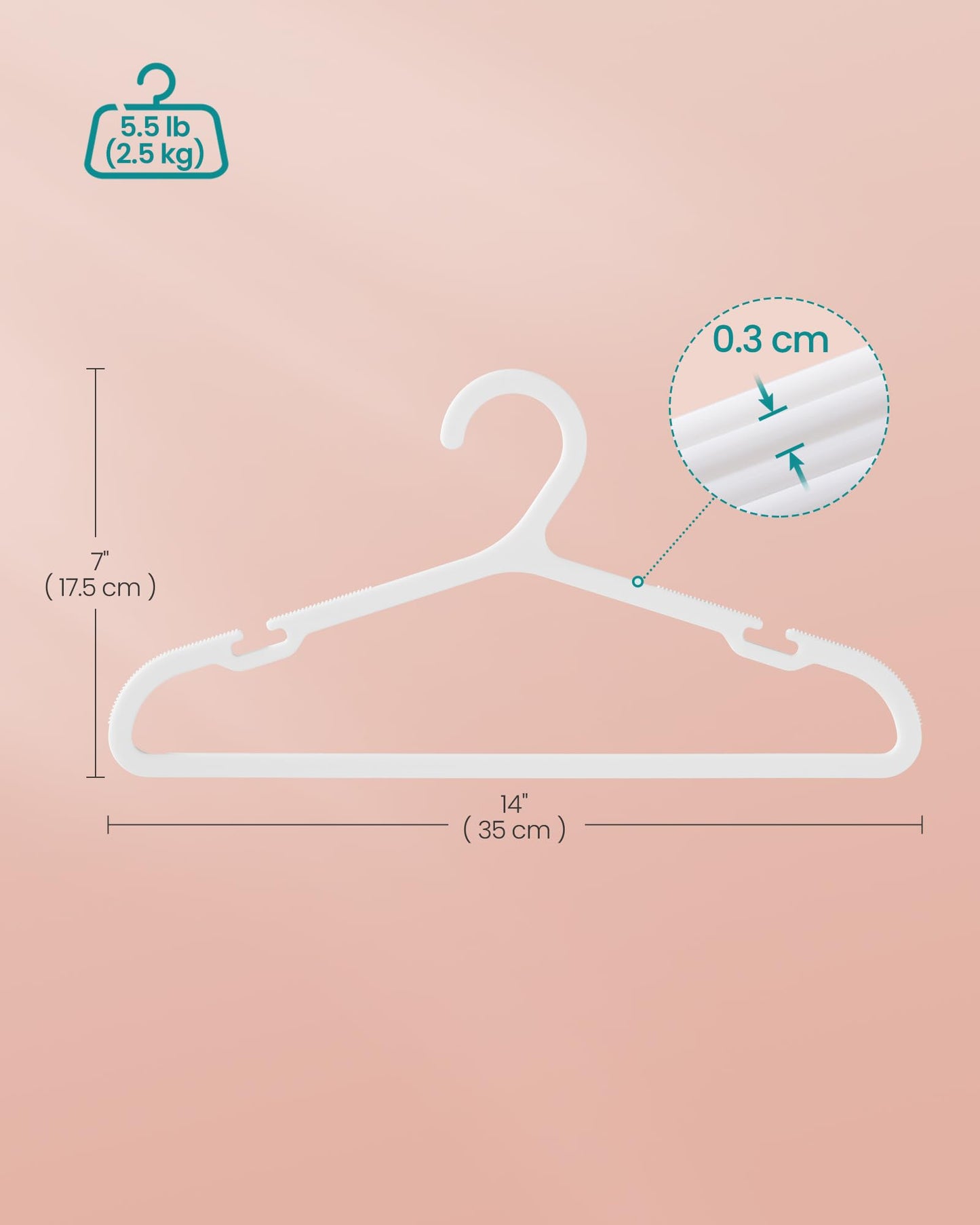 SONGMICS Kids Hangers 100 Pack, Plastic Baby Hangers for Closet, 14 x 7 Inches, for Children Aged 7-12 Years, Space-Saving, Non-Slip, Cloud White UCRP190W01