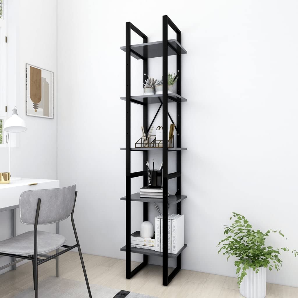 Kalmrek 5-Tier Book Cabinet Gray Engineered Wood with Metal Frame 15.7"x11.8"x68.9" Bookshelf Storage Organizer Display Rack for Home Office Living Room Library