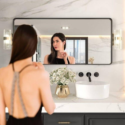 LOAAO Black Metal Framed Bathroom Mirror - 60x28 Inch Rounded Rectangle, Anti-Rust, Versatile Hanging Options