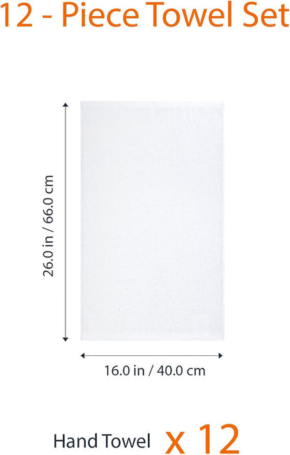 16 26 12-Pack Amazon Basics Soft and Thick Cotton Hand Towels for Bath, Kitchen, Gym, x in, White