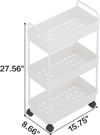 Rolling Storage Cart | 3 Tier Organizer Mobile Shelving Unit with Wheels for Kitchen, Bathroom, Laundry, White
