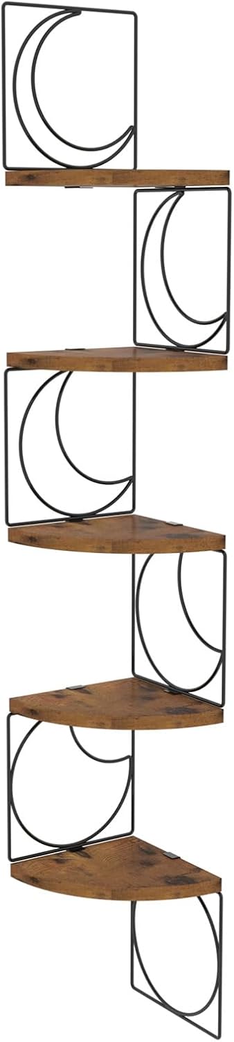 5 PHAREGE Tier Moon Phase Corner Shelves Brown Black, Rustic Storage Shelves for Bedroom Kitchen Bathroom Living Room