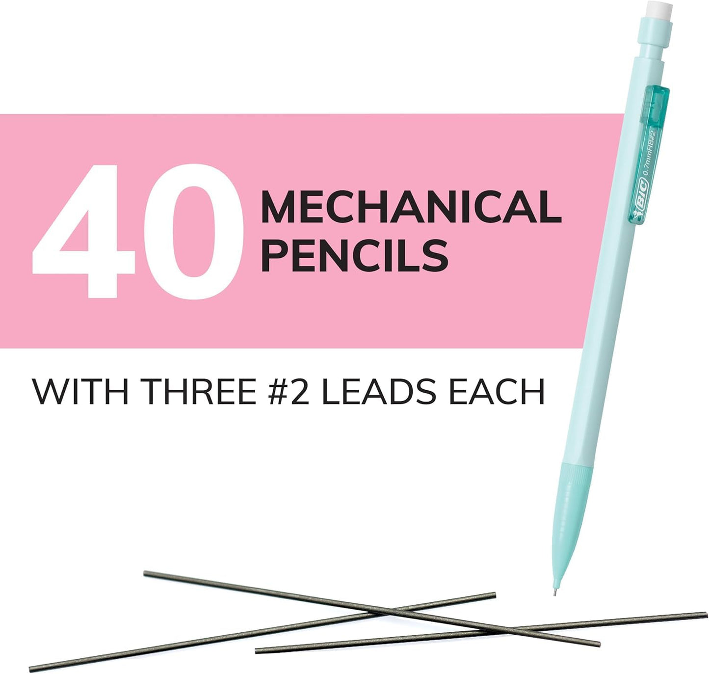 BIC Xtra Smooth Mechanical Pencil with Erasers, 0.7 mm Point, Refillable, 40-Count Pack
