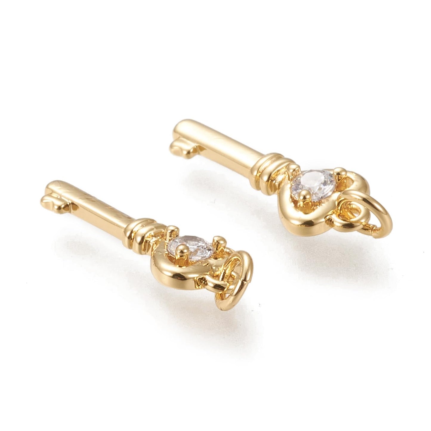 Ipotkitt 10 Pcs Brass Micro Pave Cubic Zirconia Heart Key Charms Golden Clear Hanging Ornaments Skeleton Key Charms for DIY Bracelet Necklace Earrings Making