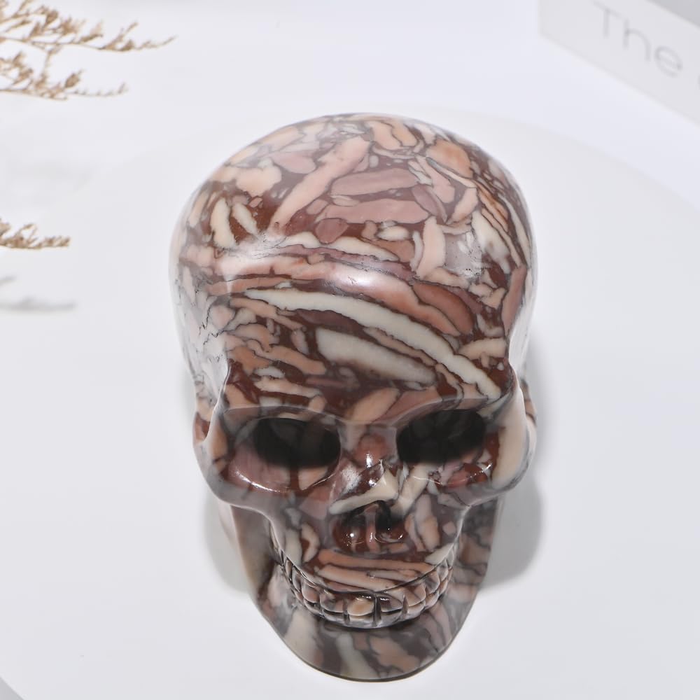 Bmuafry 5''Natural Chocolate Crystal Skull Head Hand Carved Reiki Healing Stone Statue Healing Home Office Art Room Decoration