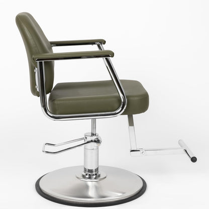 Minerva Beauty Zaria Wide Salon Styling Chair, Round Chrome 360° Swivel Hydraulic (Olive Green)