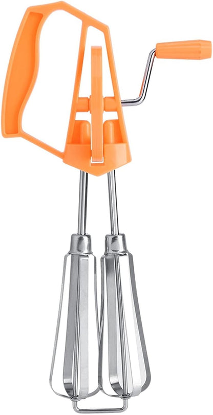 Classic Hand Crank 18/10 Stainless Steel Churner - Dual Head Design, Manual Hand Mixer for Home Cooking (Orange)