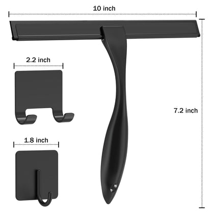All-Purpose Stainless Steel Shower Squeegee for Shower Doors with 2 Adhesive Hooks, Bathroom Cleaner Tool Household Window Mirror Squeegee for Home Cleaning, Glass Door, Tile Wall, Car, 10 Inch Black